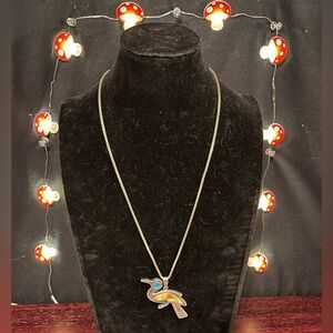 Vintage Sterling Silver w/ Inlay of Gemstones Roadrunner Necklace